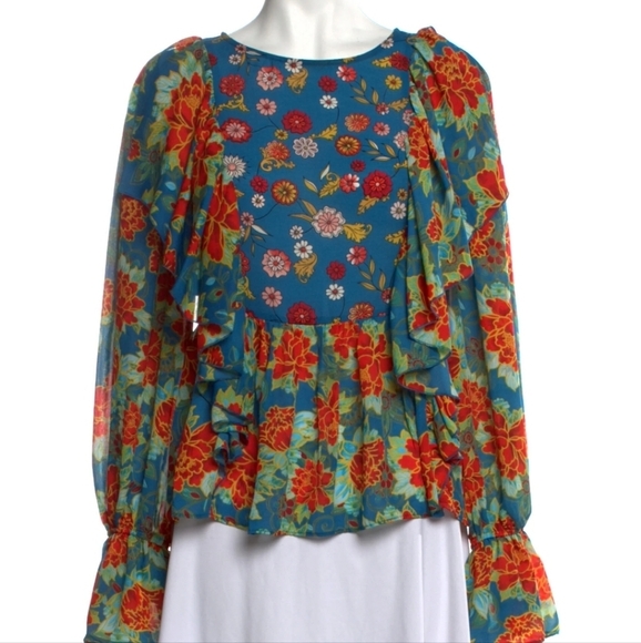 Belle Vere Vibrant Mod Floral Bateau‎ Neckline Ruffle Puff Sleeve Size Small NEW - Picture 1 of 8